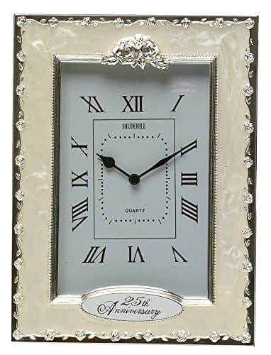 Image of KAUZA Shudehill Clocks-25th Anniversary Silver Wedding Celebration Quartz Table Clock, White, 19.5cm x 14.5cm