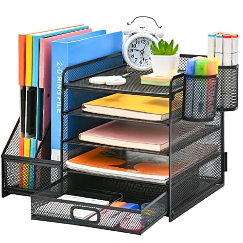 Image of Marbrasse Desk Organiser File Holder,5-Tier Paper Letter Tray Organiser with Drawer,2 Pen Holder,Mesh Desktop Storage with Magazine Holder for Office Supplies(Black)