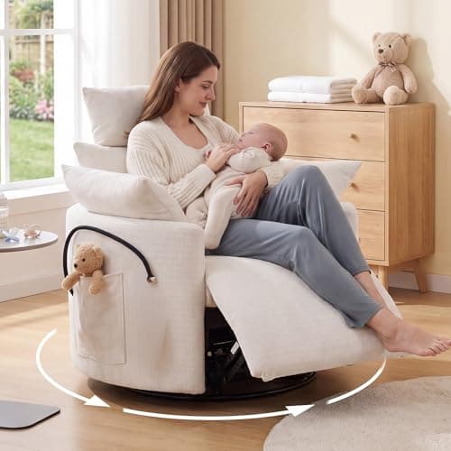 Image of DEKKETO Swivel Rocking Recliner Armchair with Adjustable Headrest, Chenille Reclining Lounge Chair for Nursery and Living Room with Phone Holder and 2 Cushions, 200kg Capacity, Manual, White