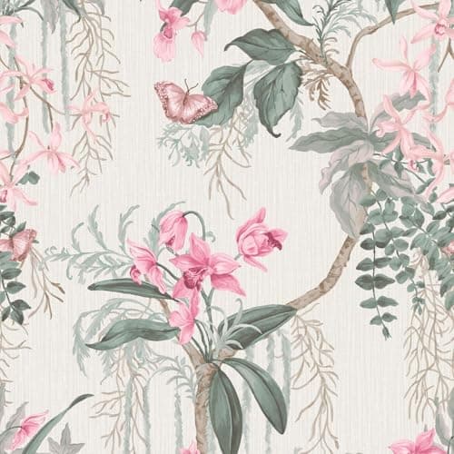 Image of Suki Floral Tropical Lush Textured Wallpaper with Butterflies Perfect for Living Rooms, Bedrooms, Restrooms, Dining Room Wallcoverings Pink/Cream Belgravia 2163