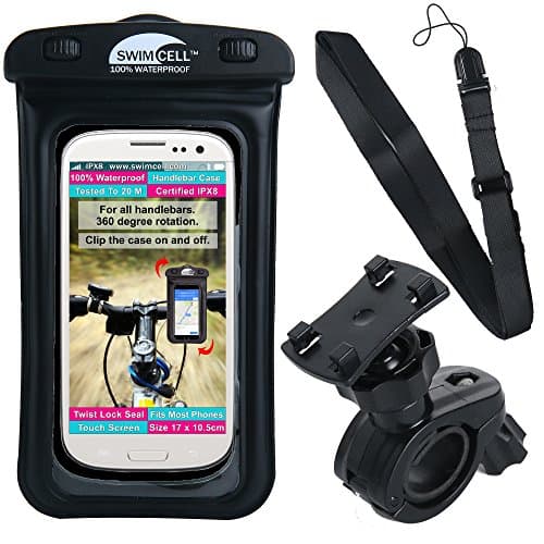 Image of SwimCell Waterproof Bike Phone Holder - Secure Handlebar Mount for iPhone, Samsung, Android - All Weather Protection Bicycle Phone Holder Waterproof - Cycling Accessory - Max Phone size 16cm Black