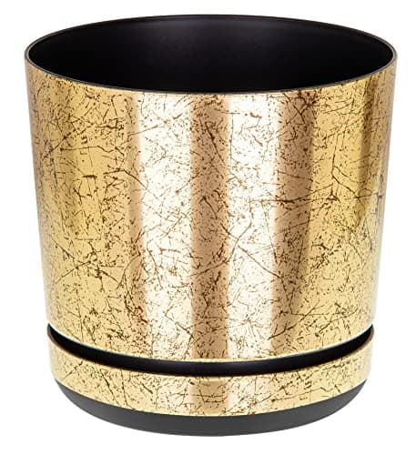 Image of KORAD OLD GOLD flower indoor plant pot with saucer plastic gloss modern decorative planter with drainage holes (21 cm - 8.3 inches)