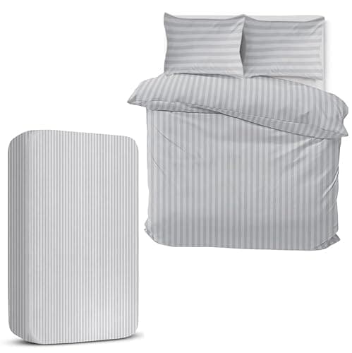 Image of MOONLIGHT20015 King Size Duvet Cover Sets 4 Piece Satin Stripe Duvet Covers Soft Brushed Microfiber Bedding Set with Fitted Sheet & 2 Pillow Cases (Silver, 230x220 cm)