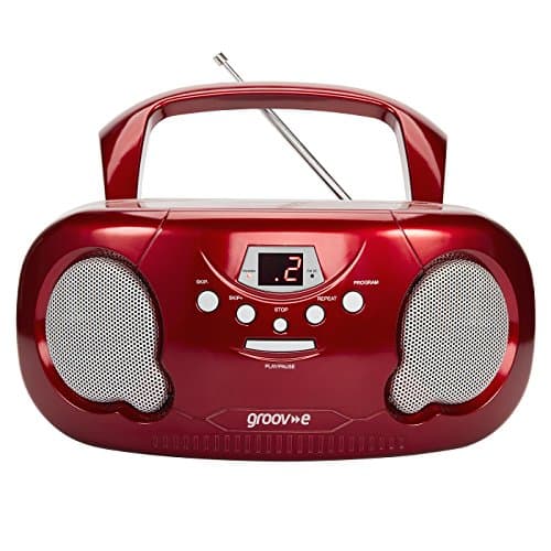 Image of Groov-e Original Boombox - Portable CD Player with Bluetooth, Radio, 3.5mm Aux Port, & Headphone Socket - LED Display, 2 x 1.2W Speakers - Battery or Mains Powered - Red