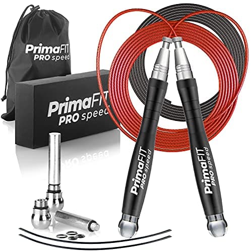 Image of PrimaFit Jump Rope, Adjustable Weighted Speed Rope for Fitness, MMA, Boxing, Crossfit - 3m Aluminium, Self-Locking, PVC Coated, Carry Bag, Spare Cable, Weights