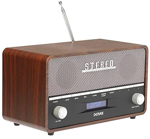 Image of Denver DAB-36 Large Vintage Style DAB/DAB+ & FM Radio – Bluetooth – High Contrast Large Screen - AUX In – Clock & Dual Alarm – Real Wood Cabinet – 2x5W – Mains or Battery
