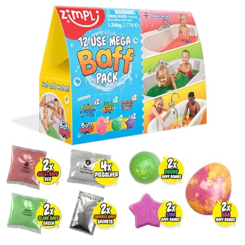 Image of ZIMPLI 12 Use Mega Value Baff Pack, 6 x Bath Bombs, 2 x Gelli, 2 x Slime & 2 x Crackle, Children's Sensory Bath Toy Set, Birthday Present for Kids, Toys for Children
