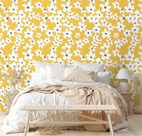 Image of HAOKHOME Yellow Self Adhesive Wallpaper Floral Yellow/White/Blue Removable Wall Paper for Bedroom Bathroom Textured Stick on Contact Paper 3m x 44.5cm