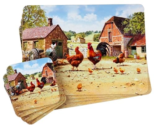 Image of Set Of 4 Cockerel Hen Dinner Place Mats And Coasters