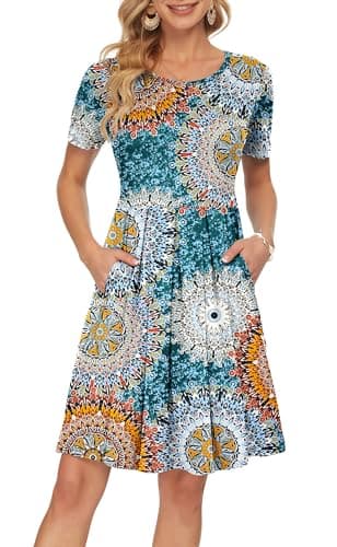 Image of AUSELILY Ladies Summer Short Sleeve Pleated Loose Swing Casual Dress with Pockets Knee Length Print Green L