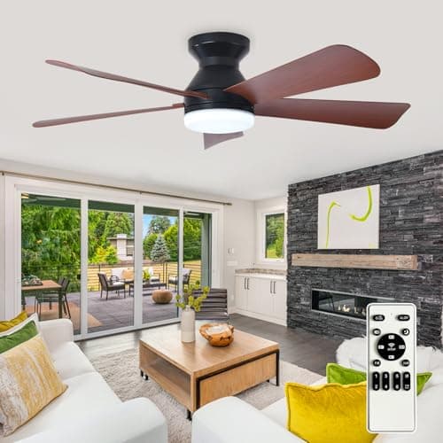 Image of Depuley Modern Ceiling Fan with Light: 42-Inch Black Small Fans for Bedroom Indoor Outdoor - Dimmable Flush Mount Low Profile Ceiling Fans with Remote Control 5 Reversible Walnut Blades 6 Speeds Timer