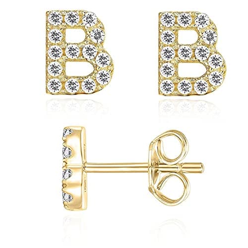 Image of Initial Stud Earrings for Girls 18K Gold Plated CZ Simulated Diamond Stud Earrings Hypoallergenic Earrings for Women (B)