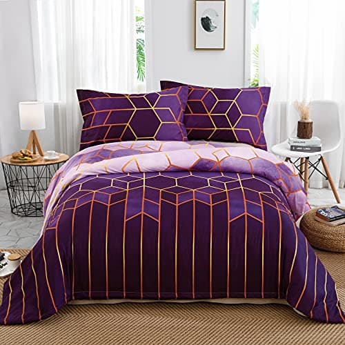 Image of DJY Purple Geometric Duvet Cover Golden Stripes Soft Microfiber Bedding Duvet Cover Set, Reversible Lightweight Bedding Sets 3pcs with Zipper Closure (Double, 200x200cm)
