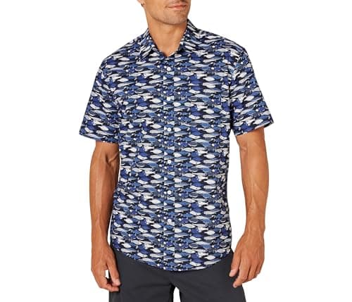 Image of Amazon Essentials Men's Regular-Fit Short-Sleeve Print Shirt, Blue Fish, L