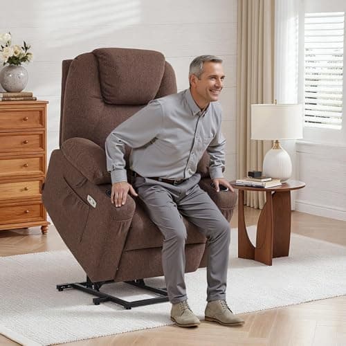 Image of MCombo Riser and Recliner Chairs for Living Room, Electric Power Lift Chairs for Elderly, Brown Lift Armchair with Heat & Massage, Extended Footrest, USB Ports, Fabric 7040 (Coffe Brown, Medium)