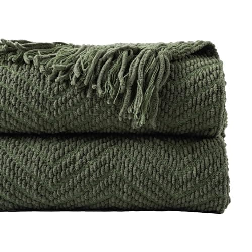 Image of Battilo Olive Green Throw Blanket for Sofa Couch Chair Bed, Super Soft Decorative Knitted Blanket with Tassels, Warm Cozy Large Olive Green Bed Blanket, 150cm×200cm