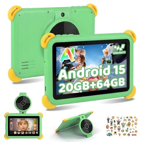 Image of Ainmel Kids Tablet 7 inch Android 15 Tablet for Kids, 20GB+64GB (TF 1TB), Android Tablet with Parental Control, AI Dual Cam & Learning, WiFi 6/BT 5.3, Widevine L1,Tablet with Protective Case - Green