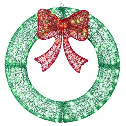Image of amadecohome 24" Pre-Lit Outdoor Christmas Wreath with 140 LED Lights and Bow, Lighted Metal Christmas Wreath Decoration with Timer Function for Xmas Home Wall Front Door Window Garage (Green Red)