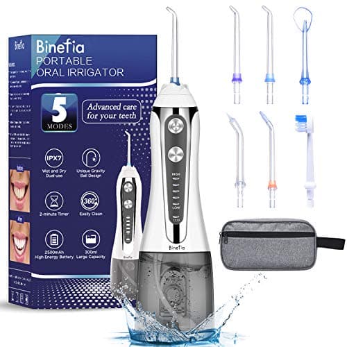 Image of Water Flosser for Teeth Cordless with 5 Modes, Binefia 360° Rotation Oral Irrigator, IPX7 Waterproof, 300ML & 6 Jet Tips Water Jet Teeth Cleaner, USB Rechargeable for 35-Days Use at Home/Travel