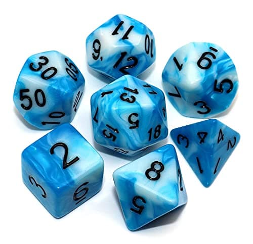 Image of CREEBUY DND Polyhedral Dice Set Blue & White Dice for Dungeon and Dragons D&D RPG COC Role Playing Games Tabletop 7-Die Set with Dice Bag