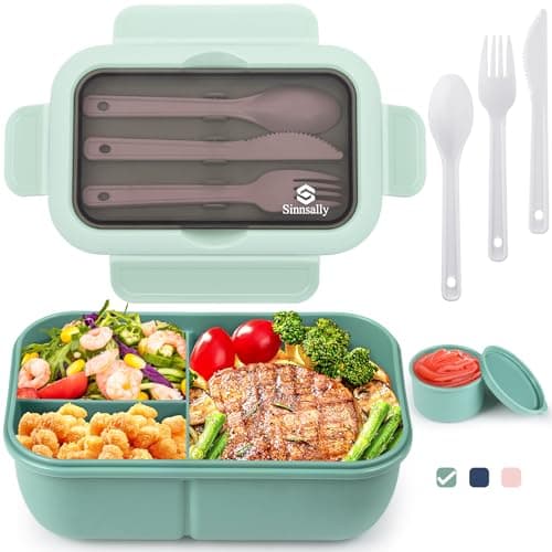 Image of Sinnsally Bento Lunch Box Kids,1250ml Stackable Packed Lunch Boxes for Adults,Food Container with 3 Compartments and Cutlery Set,Layered Lunchbox,Leakproof,Rectangle,Microwave/Dishwasher Safe(Green)