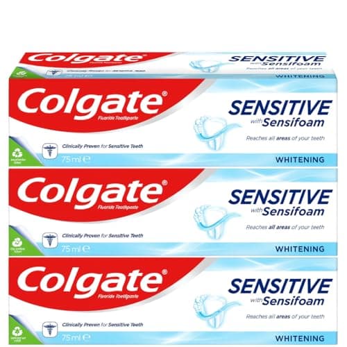 Image of Colgate Sensitive Teeth Whitening Toothpaste with Sensifoam for Deep Clean and Enamel Protection 3 x 75ml | Sensitivity Relief Toothpaste for Fresh Breath, Strong Teeth & Gums | Dentist Recommended