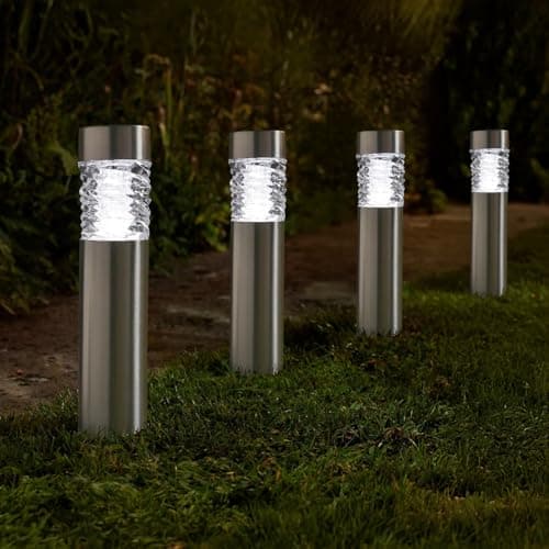 Image of Garden Mile 4pc Stella Bollard Solar Outdoor Lights Stainless Steel Garden Solar Lights Outdoor Waterproof Ideal for Driveway Pathway Lighting Flowerbeds Patio Lawn Heavy Duty Outdoor Garden Lighting