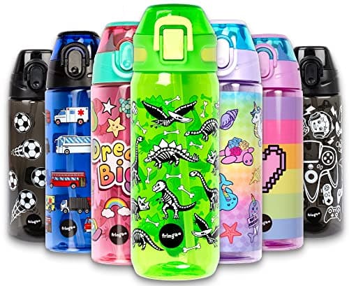 Image of Fringoo - 600ml Kids Water Bottle with Straw & Fliptop Lock - 100% Leakproof - BPA Free 600ml Kids Water Bottle for School - Dinosaur Lunch
