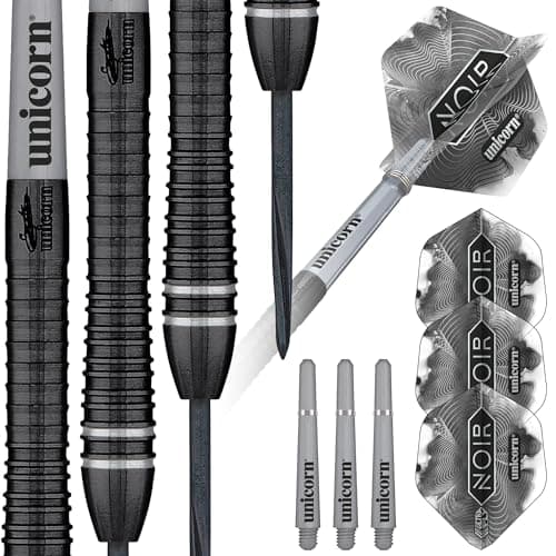 Image of Unicorn Steel Tip Darts Set | Gary 'The Flying Scotsman' Anderson Noir Organic Phase 6 | 90% Tungsten Barrels with Black Titanium Coating | Steel Tip Volute Points | 22 g | Deluxe Presentation Box