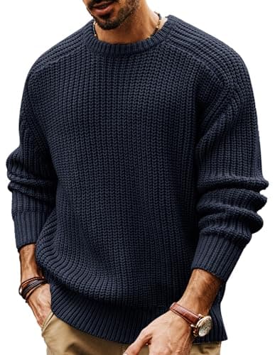Image of PJ PAUL JONES Mens Sweater Crew Neck Thick Warm Jumper Chunky Knit Jumper Long Sleeve Carbon Black M