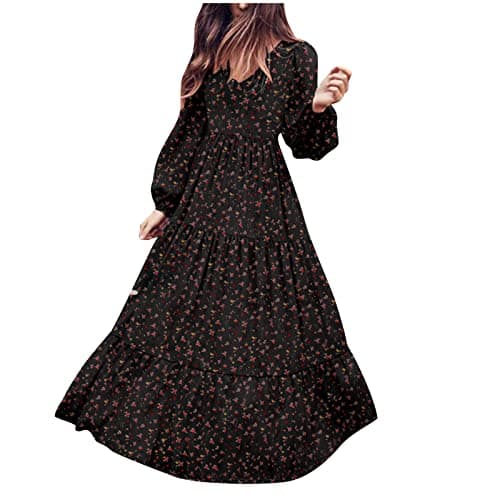 Image of Maxi Dresses for Women UK Casual Floral Print Long Dress V Neck Long Sleeve Chiffon Dresses Ladies Elegant Pleated Dress Loose Fit Swing Party Dresses Black