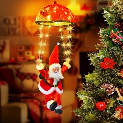 Image of Bowfar Santa Claus Parachute Fairy Lights, 8 Modes, 70 LEDs, Outdoor Christmas Lights with Santa, Timer, Remote Control, Warm White Fairy Lights, Outdoor Power for Christmas Tree Window, Christmas