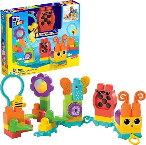 Image of MEGA BLOKS Fisher-Price Sensory Building Blocks Toy, Move n Groove Caterpillar Train with 30 Pieces and Pull String, Toddlers Age 1+ Years, HKN44