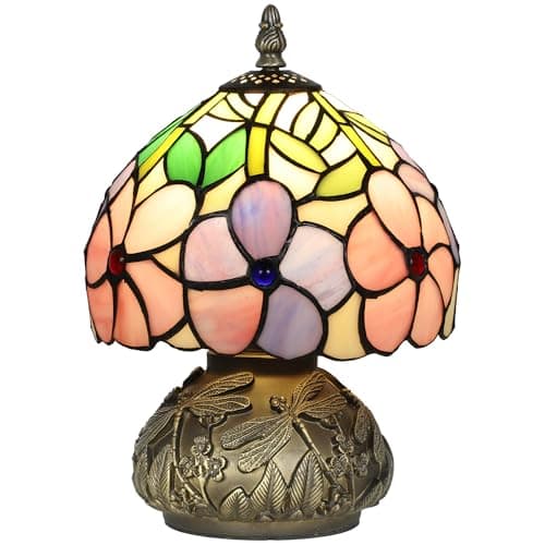 Image of HOMCOM Tiffany-Style Table Lamp with Sculpted Dragonfly Base, Handcrafted Antique Stained Glass Bedside Lamp for Living Room and Bedroom, E27 Socket, Pink