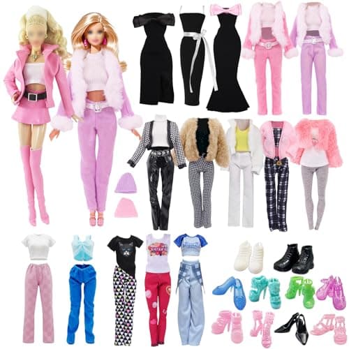 Image of 18 Pcs Doll Clothes Compatible with Barbie 11.5 Inch Girl Doll, Fashion Doll Outfit with 1 Leather Jacket 1 Leather Skirt 4 Straps 1 Long Skirt 2 Coats 3 Long Trousers 1 Hat 5 Shoes, Random Style