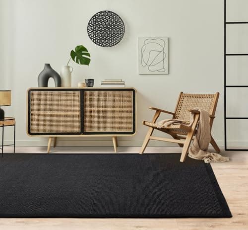 Image of Lord of Rugs Sisal Rug Natural Weaves Anti-Slip Flatweave Cotton Bordered Living Room, Kitchen, Bedroom Hallway Rug Black Medium 120x180 cm (4'x6')