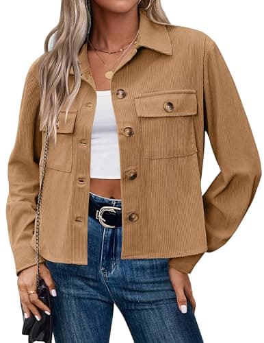 Image of HOTOUCH Ladies Jacket Cropped Corduroy Shacket Button Down Womens Summer Jackets Light Weight Bomber Jacket Long Sleeve Coat Tops Khaki Size 10