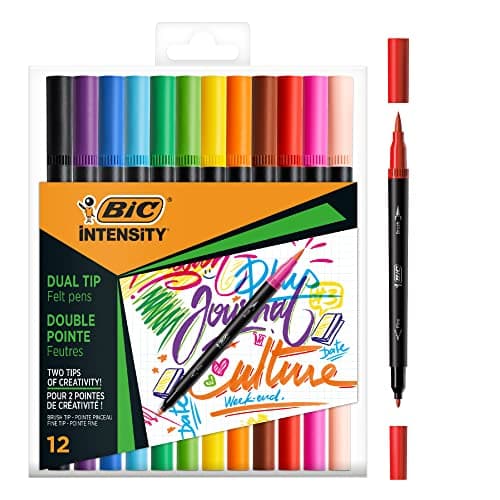 Image of Bic Intensity Felt Tip Pens, Dual Tips with Fine and Brush Tips, Vibrant Colouring Pens, School Supplies for Kids or Adults, 12 Pack