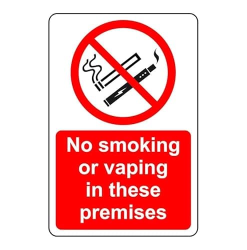 Image of Safety First Display LTD No smoking or vaping in these premises sign- 1.2mm Rigid plastic for indoor/outdoor usage (200mm x 150mm) Viewing Distance within 5m.