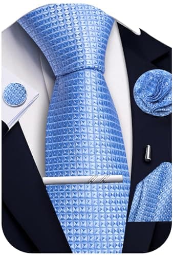 Image of Ailisus Men’s Baby Blue Ties and Pocket Square Set, Plaid Silk Necktie & Handkerchief Lapel Pin Cufflinks Tie Clip for Men Formal Wedding Party