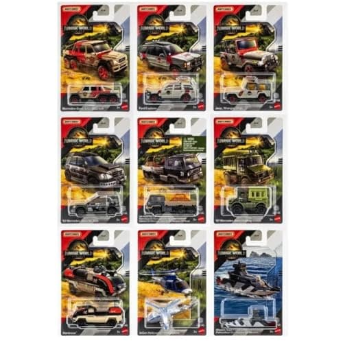 Image of Jurassic World Matchbox Legacy Collection Die-Cast Vehicles Set, 9 Pack with Mercedes, Ford, Jeep Models, Ages 3+ JGL59-956B
