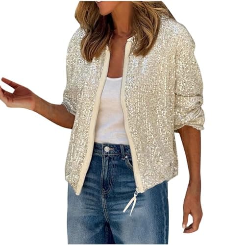 Image of Sequin Bomber Jacket Women Sparkly Sequin Jackets Coat Long Sleeve Front Zip Up Jacket Ladies Glitter Tops Biker Shiny Clubbing Party Club Jacket Metallic Festival Outfits UK CLearance