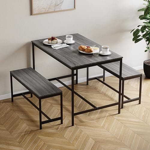 Image of Vida Designs Roslyn 4 Seater Dining Set | Grey | 3 Piece Dining Room Complete Set | 75H x 110W x 70D cm | with 2 Benches | Rustic | Solid Metal Frame | Industrial Design