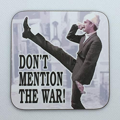 Image of Don’t Mention The War - Basil from Fawlty Towers - Drinks Coaster - Hardboard - 9cm x 9cm - Gloss Finish