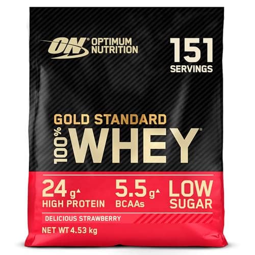 Image of Optimum Nutrition Gold Standard 100% Whey Muscle Building and Recovery Protein Powder with Naturally Occurring Glutamine and BCAA Amino Acids, Delicious Strawberry Flavour, 151 Servings, 4.53 kg