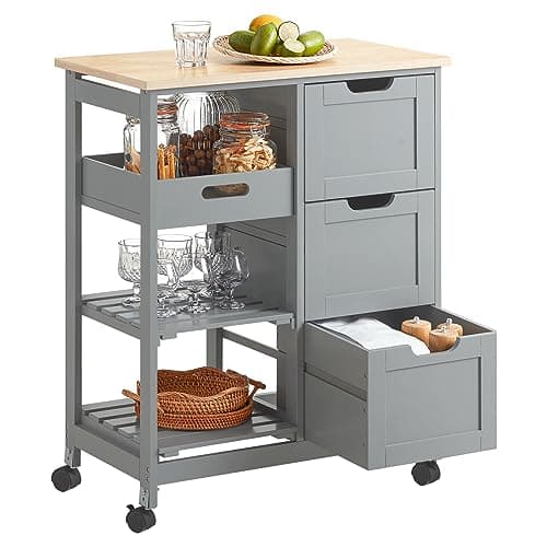 Image of SoBuy Kitchen Island on Wheels, Rolling Kitchen Trolley Cart with 3 Drawers and Removable Tray, Small Storage Unit, Butchers Block Trolley, Grey, W67xD37xH84cm, FKW79-HG