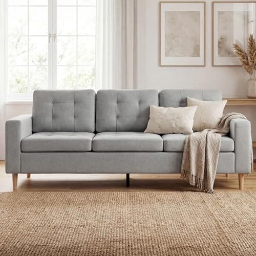 Image of GRAVFORCE 3 Seater Sofas Comfortable 238cm Loveseat Sofa with Solid Wood Leg Deep Seat Sofa Couch for Living Room Bedroom Guest Room Self Assembly Linen Light Grey