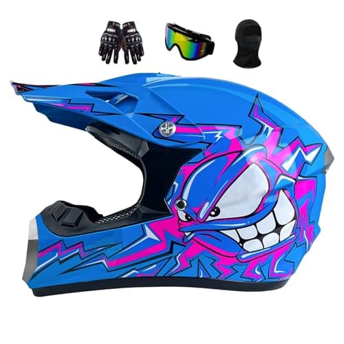 Image of Youth Motocross Offroad Street Dirt Bike Helmet For Kids 7-14, Motorcycle Full Face Mountain BMX MX ATV, With Adjustable Sun Visor, Includes Gloves Goggles Mask(Blue,M(54-55CM))