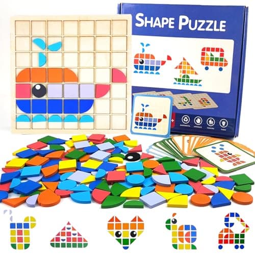 Image of Guopai 140pcs Wooden Pattern Blocks Set, Creative Mosaic Puzzle & Shape Matching Game, Montessori Tangram Jigsaw for Kids, STEM Educational Learning Toy Gift for Boys Girls Aged 3+