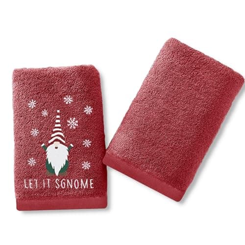 Image of Velosso Pack of 2 Christmas Hand Towels - Festive Embroidered & Plain Design, Soft & Absorbent Cotton, Perfect for Bathrooms or Kitchens, Durable & Machine Washable (Xmas Gonks Red)